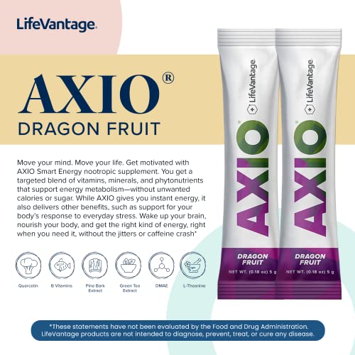 LifeVantage - AXIO Pó para Bebida Energética Regular, Sabor Dragonfruit – 30 Sachês de Mistura para Bebida, Energia Instantânea em Pó, Suplemento Energético com Vitaminas B, DMAE, L-Teanina, Quercetina, Verde