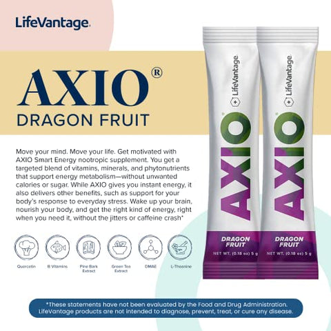 LifeVantage - AXIO Pó para Bebida Energética Regular, Sabor Dragonfruit – 30 Sachês de Mistura para Bebida, Energia Instantânea em Pó, Suplemento Energético com Vitaminas B, DMAE, L-Teanina, Quercetina, Verde