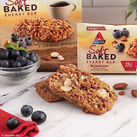 Barras Energéticas Soft Baked, Mirtilo, 15g Proteína, 2g Açúcar, Excelente Fonte de Fibra, Baixo Carboidrato, 4 Pacotes (5 Barras Cada) - Atkins