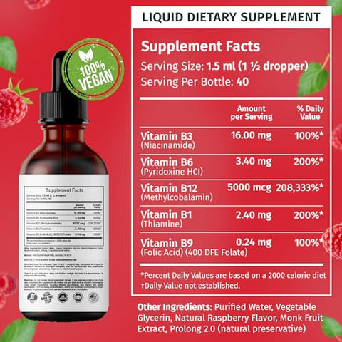 NUSAVA - (2 Pacotes) Gotas Líquidas de Vitamina B12, B12 Sublingual 5000 mcg, Complexo de Vitamina B com Vitamina B6, B12 Methylcobalamin Líquida Suporta Energia, Cérebro