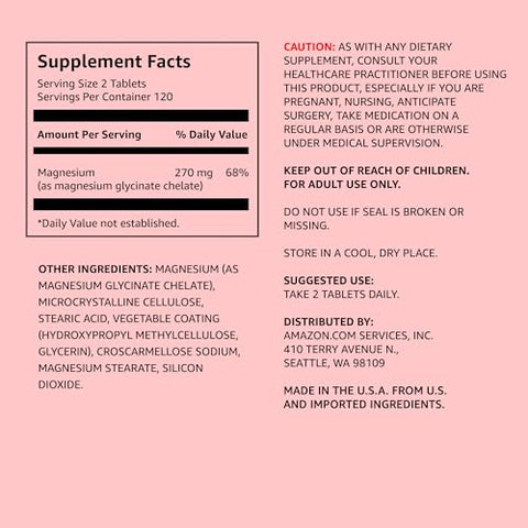 Magnésio Glicinato Quelato, 270 mg por Porção (2 Comprimidos), Vegano, 240 Comprimidos - Amazon Elements