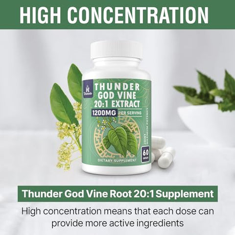 Rosmolo - 1200 MG Extrato de Raiz de Thunder God Vine 20:1, Suplemento Herbal Tripterygium Wilfordii, Fórmula Vegana com Extrato de Lei Gong Teng, 60 Cápsulas