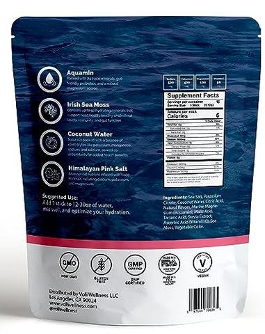 VOLI WELLNESS - Voli Hydration, Morango do Pôr do Sol, Hidratação Superfood, Irish Sea Moss, Aquamin (Magnésio Natural), Água de Coco, Sal Rosa do Himalaia, Hidratação com Baixas Calorias, 15 Porções (Embalagem…)