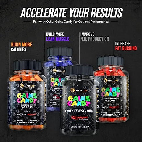 Gains Candy: Pílulas Suplementares para Apoio à Perda de Peso, Construção Muscular, Redução de Gordura Corporal e Aumento de Energia - ALPHA LION