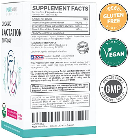 PURE CO - Suplemento Orgânico USDA para Lactação – Aumente a Produção de Leite com Suporte Herbal para Amamentação – Auxílio para Mães – Orgânico: Semente de Feno-Grego, Funcho