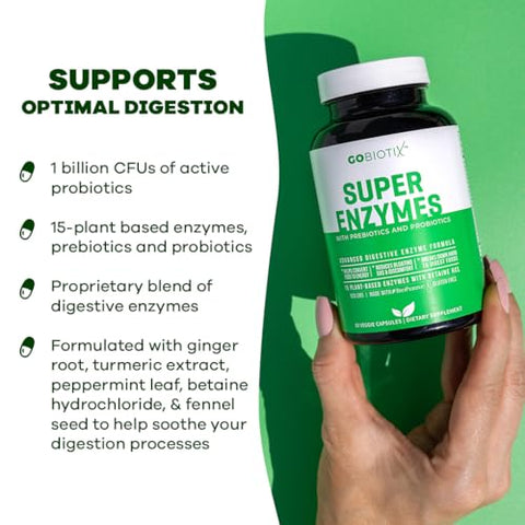 GOBIOTIX - Suplemento Super Enzimas – Enzimas Digestivas com Prebióticos e Probióticos para Homens e Mulheres – Suporte à Saúde Intestinal, Digestão de Glúten, Absorção de Lactose, Dieta à Base de Plantas