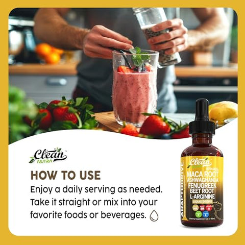 Clean Nutraceuticals - Maca Root Liquid Drops com Ashwagandha, Fenugreek, Beet Root e L-Arginine – Multivitamínico Líquido para Mulheres e Homens – Adapto Drive by Clean Nutra