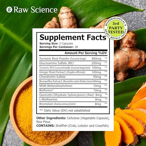 S RAW SCIENCE - Suplemento de Suporte Articular com Cúrcuma Curcumina Glucosamina Condroitina MSM Gengibre Bromelina Suplementos Nutricionais de Ervas para Homens