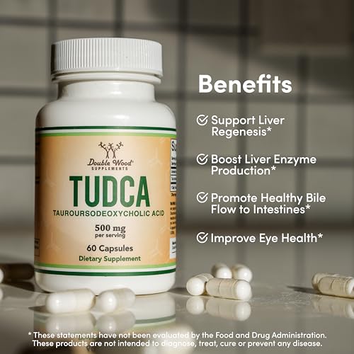 Double Wood Supplements - Suplemento de Suporte Hepático TUDCA Bile Salts, 500mg por Porção, Limpeza do Fígado e Vesícula Biliar (60 Cápsulas, 250mg) Ácido Biliar TUDCA Genuíno com Sabor Amargo Forte por