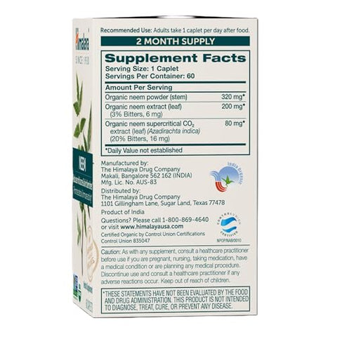 Neem Orgânico Suplemento Herbal para Pele, Suave para Acne, Pele Limpa, Purificante, Ayurvédico, Certificado Orgânico USDA, Não-OGM, Vegano, 600 mg, 60 Cápsulas à Base de Plantas - Himalaya