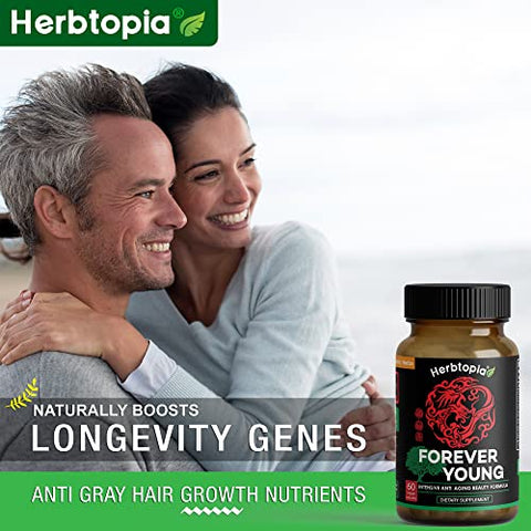 Herbtopia - Forever Young: Suplemento Longevidade para Imunidade, Cabelos Sem Grisalhos e Alongamento de Telômeros