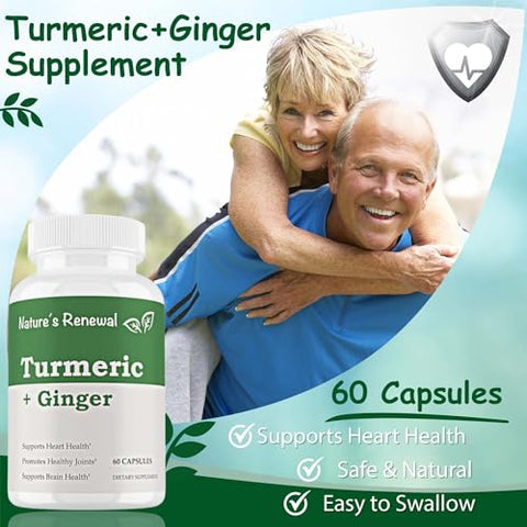 Nature's Renewal - Nature’s Renewal – Extrato de Raiz de Cúrcuma Orgânica em Pó com Gengibre – Suporte para Articulações, Curcumina Padronizada a 95%% com Pimenta Preta Bioperina – 60g