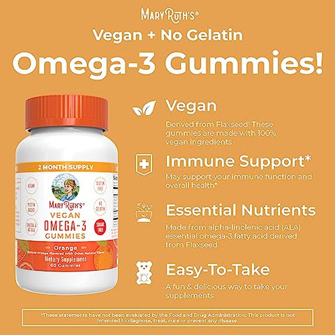 Vegan Omega 3 Gummies para Adultos | Suprimento de 2 Meses | Suplemento Sem Açúcar com Vitamina C | Suporte Imunológico com Óleo de Linhaça | Bem-Estar Geral | Sem Sabor de Peixe | 60 Gomas - MaryRuth Organics