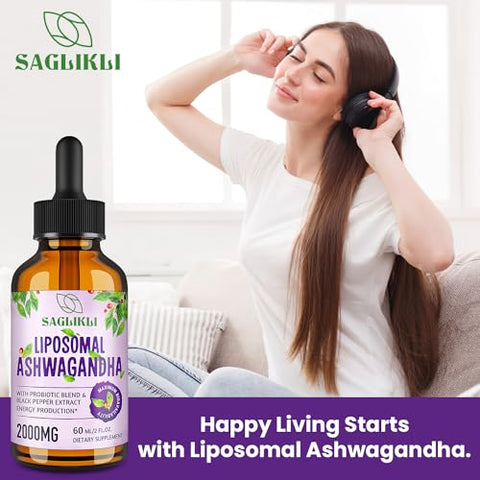 Saglikli - Gotas Líquidas de Ashwagandha Lipossomal 2000mg, Extrato de Raiz de Ashwagandha (7%% Withanolides) com Extrato de Pimenta Preta