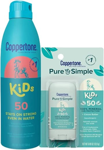 Kids Protetor Solar Pack, Protetor Solar Resistente à Água para Crianças, Spray Protetor Solar Coppertone Kids FPS 50, Lata de 150 ml, Bastão Protetor Solar Mineral Coppertone Pure and Simple Kids, 15 g - Coppertone