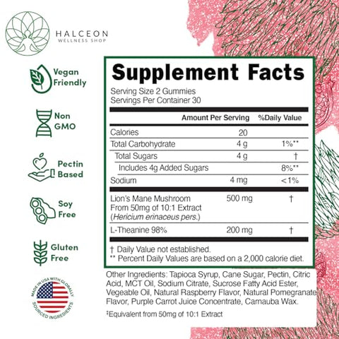 Halceon Wellness Shop - Halceon Wellness Gummies de Cogumelo do Leão e L-Teanina para Saúde Cerebral – Suplemento Nootrópico de Cogumelo do Leão – Vegano e Livre de Transgênicos – 60g