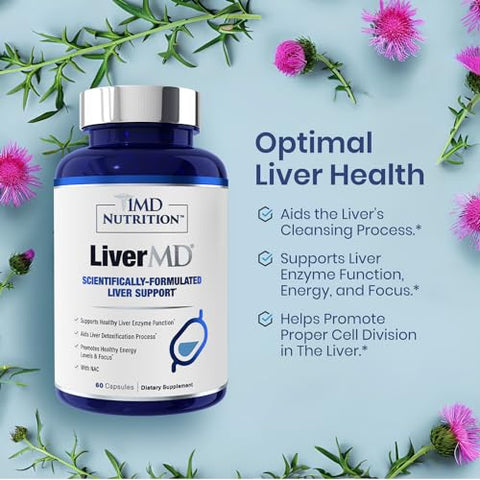 1MD Nutrition - 1MD LiverMD – Suplemento de Suporte ao Fígado | Extrato de Cardo de Leite Siliphos – Altamente Bioacessível, para Suporte ao Fígado | 60 Cápsulas (2-Pack)