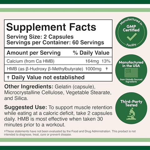 Double Wood Supplements - Suplemento HMB, Testado por Terceiros, Livre de Transgênicos, Sem Glúten, 120 Cápsulas, 1000mg, por Double Wood