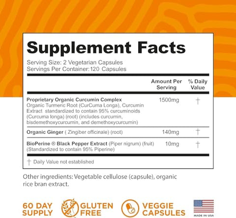 FineVine Organics - Cúrcuma Curcumina com BioPerine Pimenta Preta e Gengibre – Fabricado nos EUA – 240 Cápsulas Vegetarianas para Absorção Avançada, Suporte às Articulações