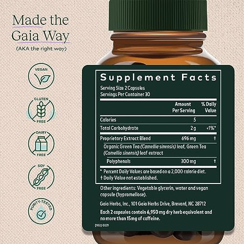Chá Verde – Mantém Peso Saudável e Níveis de Energia* – com Folha e Extrato de Chá Verde Orgânico – 60 Cápsulas Líquidas Veganas de Fitoterapia (Fornecimento de 15 Dias) - Gaia Herbs