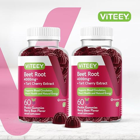Viteey - Gummies de Beterraba 4000mg Cereja Azeda – Suporte para Pressão Arterial Saudável – Vegano, Sem Gelatina, Sem Glúten – Goma de Beterraba Saborosa e Mastigável