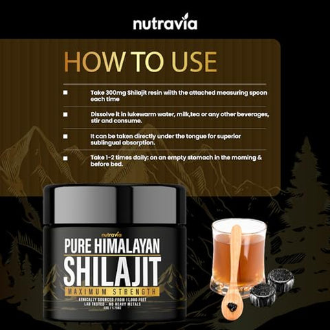 Nutravia - Shilajit Puro Himalaia Orgânico – Fórmula Natural Autêntica Testada em Laboratório para Homens e Mulheres – Sem Metais Pesados – Força Máxima de 600mg com 85 Minerais Traços – Grau Dourado Shilajit