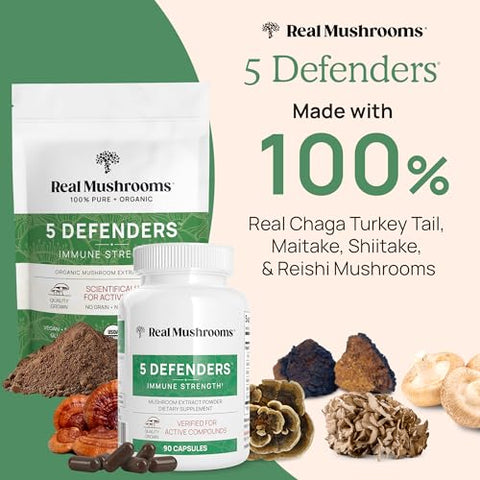 5 Defenders em Pó – Extrato de Cogumelo Orgânico com Chaga, Shiitake, Maitake, Turkey Tail | 100g - Real Mushrooms