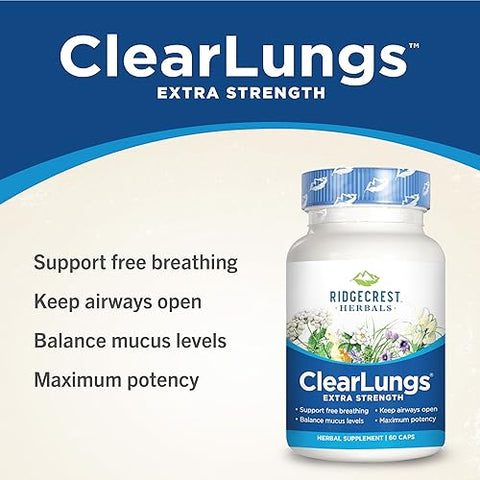 RidgeCrest Herbals - RidgeCrest Clearlungs Extra Strength Herbal Decongestant – 60 Cápsulas Vegetarianas – Potência Extra – Descongestionante Herbal – Marca RidgeCrest