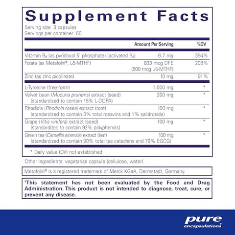 DopaPlus – Suporta a Produção de Dopamina – para Função Cerebral Diária* – com Folate, Vitamina B6 – 60 cápsulas - Pure Encapsulations
