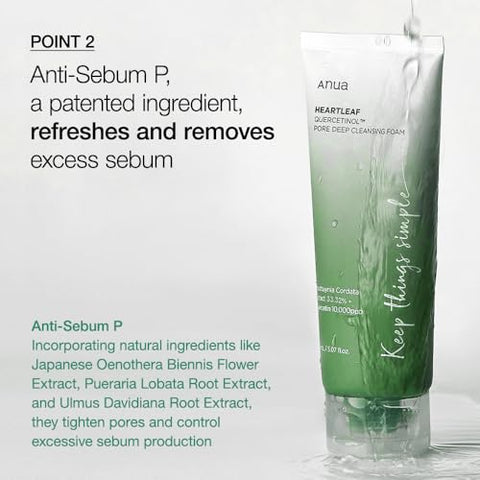 Heartleaf Quercetinol Espuma de Limpeza Profunda dos Poros, Limpeza Facial, para Dupla Limpeza, BHA, Ácido Hialurônico, Glicerina, Limpador Facial, Removedor de Cravos, Cuidados com a Pele Coreana - ANUA