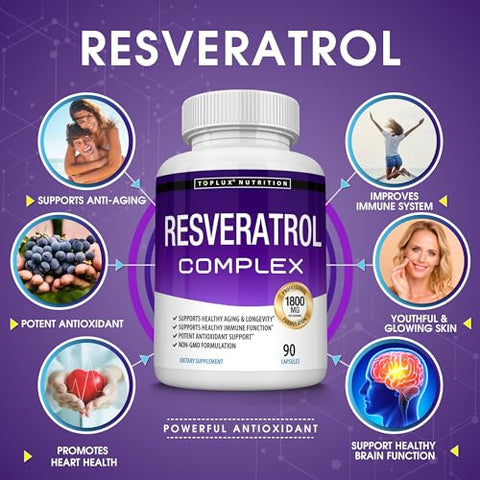 Toplux - Resveratrol 1800 mg – Complexo Antioxidante de Alta Potência com Trans-Resveratrol Natural para Envelhecimento Saudável, Suporte à Saúde Geral, Sistema Imunológico, Função Cerebral, para