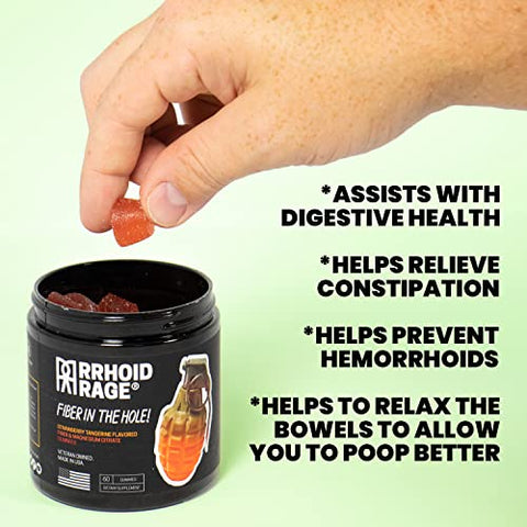 Rrhoid Rage - Gomas de Fibra e Magnésio, Fabricadas nos EUA, Apoiam a Saúde Digestiva, Aliviam a Prisão de Ventre, Auxiliam na Prevenção de Hemorroidas, Contêm Fibra Solúvel e Insolúvel, 60 un (1)