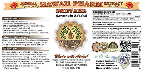 Shiitake Líquido Orgânico (Lentinula Edodes) – Extrato, Tintura Herbal, Hawaii Pharm, 4 fl.oz (118 ml)