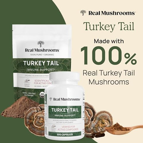Real Mushrooms - Cápsulas de Cogumelo do Rabo de Peru Orgânico – Suplemento de Cogumelo do Rabo de Peru Potente para Intestino, Energia, Cérebro