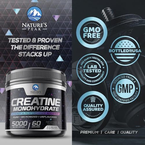 Nature's Peak - Creatina em Pó Pura 5000mg (5g) – Pré-Treino de Creatina Monohidratada Micronizada sem Sabor, Amigável ao Keto – Suporte para o Crescimento Muscular