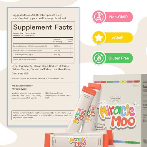 Miracle Moo - Suplemento de Colostro para Saúde Intestinal, Crescimento Capilar, Beleza e Suporte Imunológico – Pó Bovino de Pasto Fácil de Misturar – Maior IgG Plus ImmunoLin (30 Porções, Stick Packs), Laranja