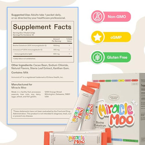 Miracle Moo - Suplemento de Colostro para Saúde Intestinal, Crescimento Capilar, Beleza e Suporte Imunológico – Pó Bovino de Pasto Fácil de Misturar – Maior IgG Plus ImmunoLin (30 Porções, Stick Packs), Laranja