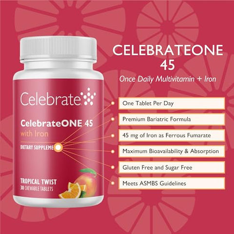 Celebrate Bariatric Supplements - Celebrate Vitamins CelebrateONE 45 Chewables – Multivitamínico Bariátrico de 1 por dia com 45mg de Ferro – Vitaminas Essenciais