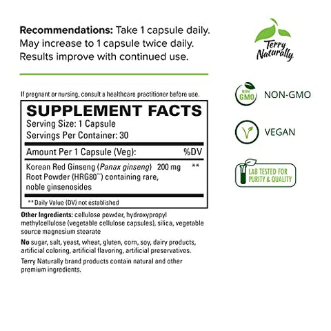 HRG80 Ginseng Vermelho Energético – 30 Cápsulas – Pó de Raiz de Ginseng Vermelho, Panax Ginseng, HRG80 – Não-OGM, Vegano, Sem Glúten – 30 Porções - Terry Naturally