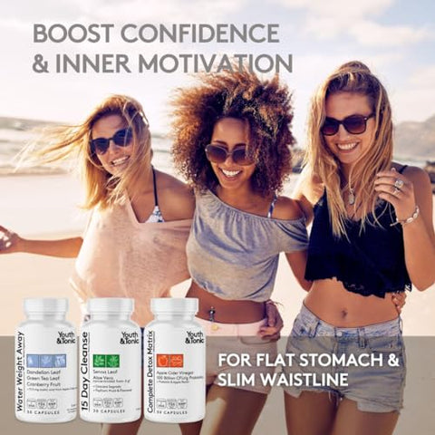 Youth & Tonic - Detox Cleanse Kick Off – Gerenciamento de Peso e Limpeza Extra do Cólon. 4 unidades para Perda de Água, Inchaço, Barriga Lisa, Retenção de Líquidos com Vinagre de Maçã, Folha de Sene, Glucomanano