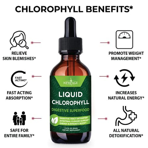 NEW AGE - Gotas Líquidas de Clorofila – Concentrado Natural – Estimulante de Energia, Suporte à Digestão e Sistema Imunológico, Desodorante Interno, Função Hepática – (60 ml (Pacote com 4))
