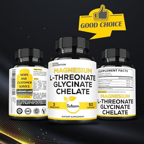 1200mg Magnésio L-Treonato com Glicinato de Magnésio – 2 Pacotes de 50 Cápsulas - Satoomi