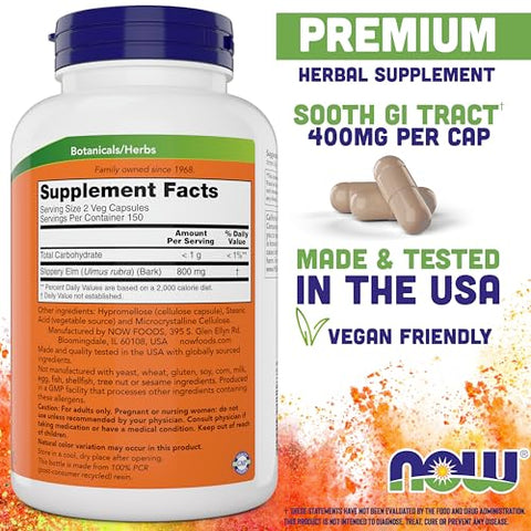 NOW Foods - Now Slippery Elm 400 mg – 300 Cápsulas Vegetarianas (Pacote com 2) – Marca em Destaque