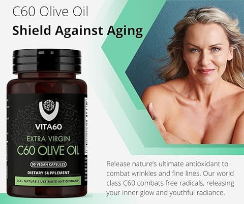 VITA60 - Cápsulas de Óleo C60 | Vitalidade Antienvelhecimento e Suporte Antioxidante | C60 Puro 99,99% Livre de Solventes | Óleo Orgânico | Amigável aos Veganos | Atendimento ao Cliente Superior (Azeite)