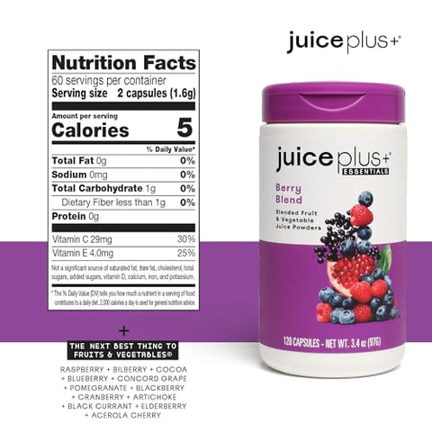 Juice Plus+ - JuicePlus Berry Blend: Suco de Uva Concord, Mirtilo, Cranberry e Mais – Vitaminas à Base de Alimentos Integrais, Vegano, à Base de Plantas – Sem Glúten, Não-OGM, Kosher – 1 Frasco (60 Porções)