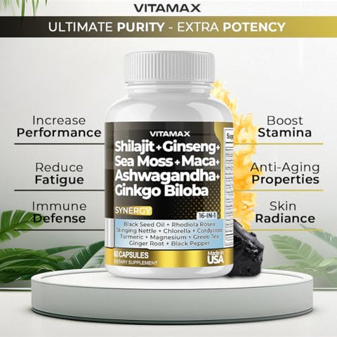 Vitamax - Suplemento Puro de Shilajit do Himalaia 10.000mg Ashwagandha 6.000mg Sea Moss 2.000mg Rhodiola Rosea 1000MG Gingko Biloba 500mg Cápsulas de Minerais Traços – Homens e Mulheres – Fabricado nos EUA