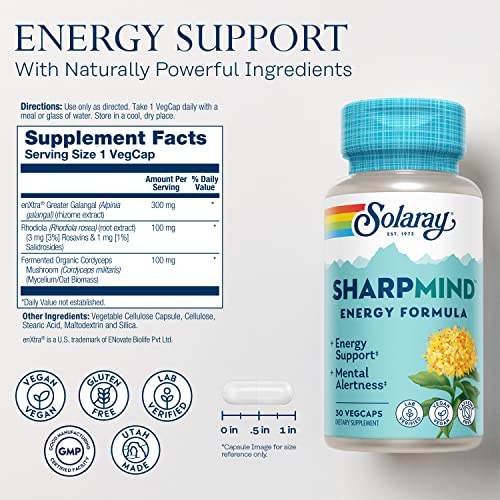 SOLARAY - Solaray SharpMind Energy – Energético para Homens e Mulheres, Suplemento Nootrópico para Foco, Cápsulas Energéticas Livres de Cafeína com Rhodiola Rosea e Cordyceps, Garantia de 60 Dias, 30