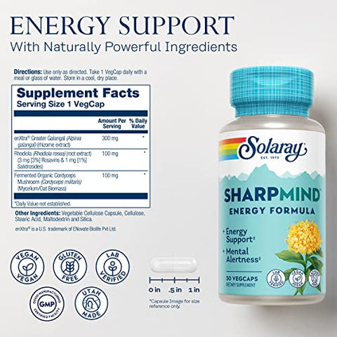 SOLARAY - Solaray SharpMind Energy – Energético para Homens e Mulheres, Suplemento Nootrópico para Foco, Cápsulas Energéticas Livres de Cafeína com Rhodiola Rosea e Cordyceps, Garantia de 60 Dias, 30