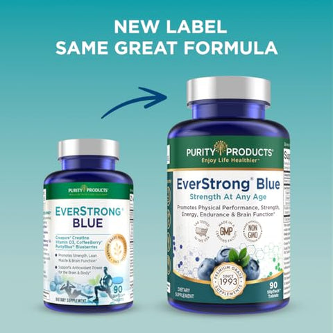 Purity Products - PurityBlue EverStrong Blue – Fortalecimento Muscular e Estimulante Cerebral com Matriz de Creatina Monohidratada, Complexo de Mirtilo Orgânico PurityBlue, 1000 UI de Vitamina
