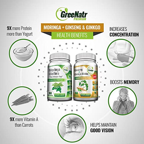 GreeNatr - Ginkgo Biloba, Panax Ginseng e Moringa – Kit de Cápsulas para Suporte Imunológico e Energia – Concentração e Foco